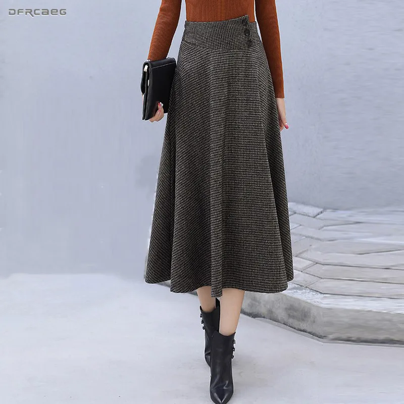 

New Arrivals Office Plaid Wool Winter A-Line Skirt Women Fashion Casual Ladies High Waist Woolen Warm Long Skirt Female