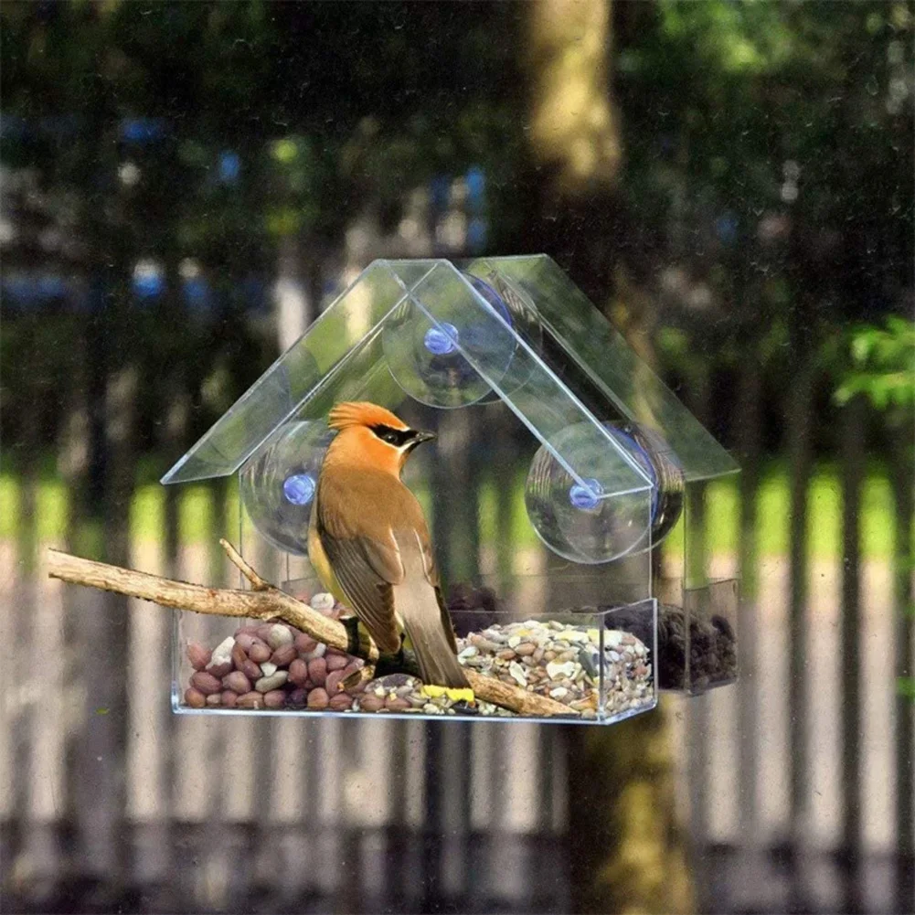

2021 New Acrylic Bird Feeder Tray Birdhouse Window Suction Hanging Clear Viewing