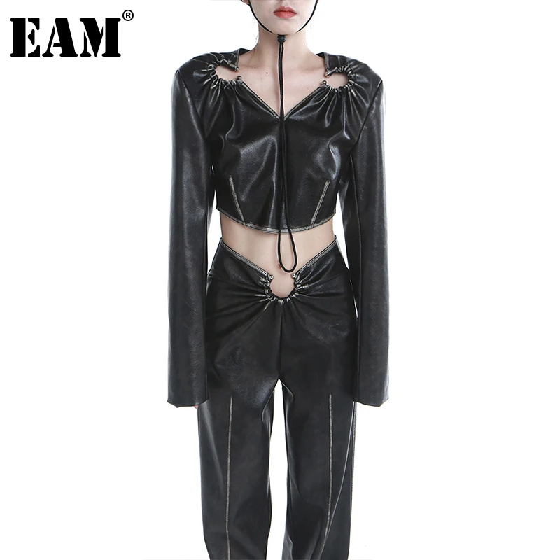 

[EAM] Женская коричневая открытая короткая блузка из искусственной кожи, новая свободная рубашка с v-образным вырезом и длинным рукавом, модна...