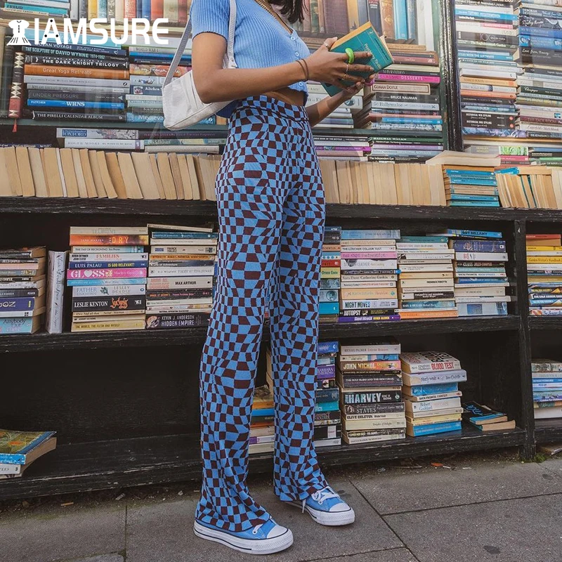 

IAmsure Y2K Argyle Plaid Knited Pants Women 2021 Spring Autumn Fashion High Waisted Trousers Casual Streetwear Elegant Ladies