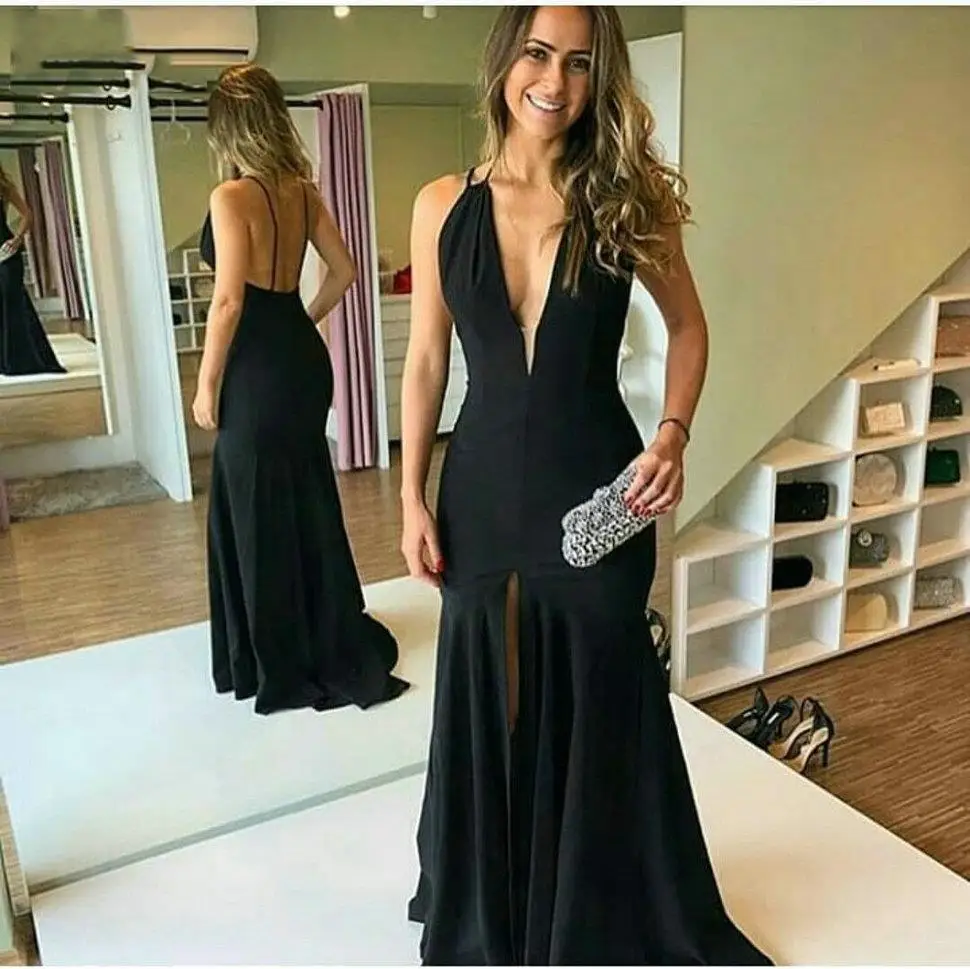 

Mermaid Black Evening Dress Long Formal Dresses 2019 Elegant Evening Gown V-Neck Elastic Satin Backless Special Occasion
