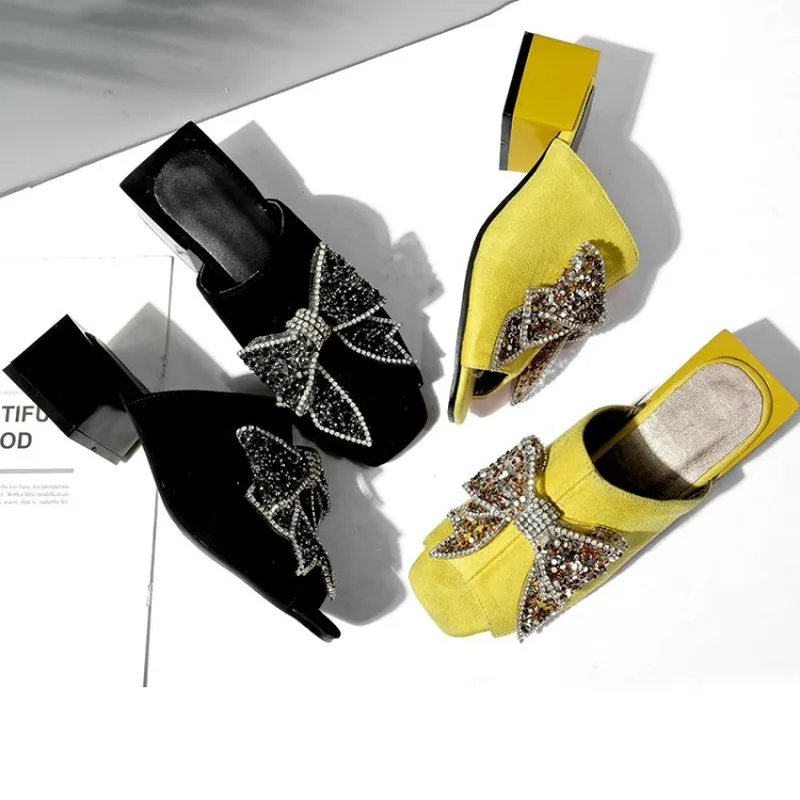 Женские шлепанцы с бантом летние мюли квадратным каблуком и стразами женские