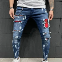 mens embroidery badges ripped jeans autumn male skinny pencil slim jeans high elastic hip hop jogging casual jeans man