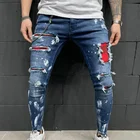 Мужские рваные джинсы с вышитыми значками, осенние мужские обтягивающие зауженные джинсы, джинсы с высокой эластичностью в стиле хип-хоп, повседневные мужские джинсы для бега