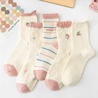 высокие носки женские харадзюку корейский стиль японский стиль длинные хлопок Носки женские, полосатые, в стиле клубники, с оборками, носки хараюку