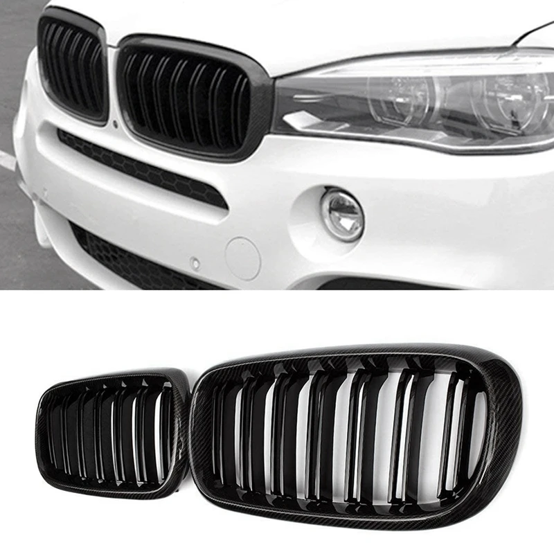 Фото Автомобильное углеродное волокно и черный глянец двойные планки Передняя решетка для почек гриль BMW X5 F15 X6 F16