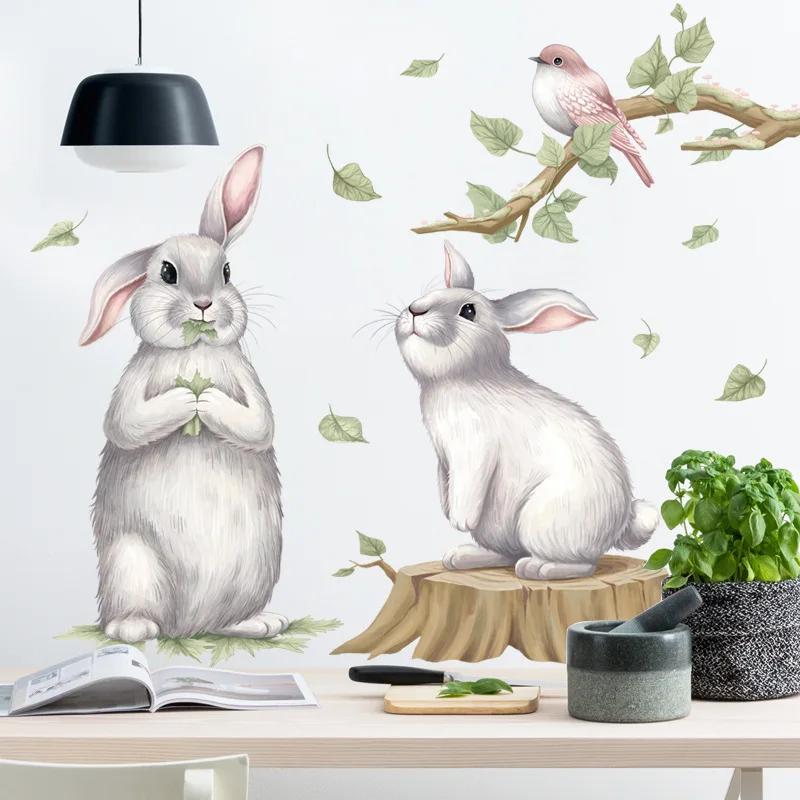 

Self-adhesive Cute Wall Stickers Modern Animal Rabbit And Bird Stickers Wallpaper Children's Room Wallpaper Wall Stickers