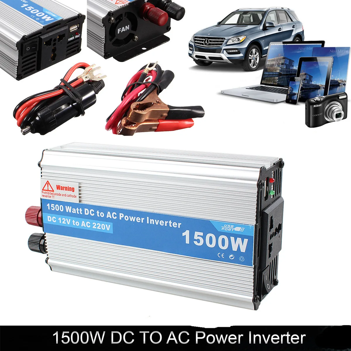 USB 1500 Вт 1000 DC 12 В к AC 220 портативный автомобильный инвертор зарядное устройство
