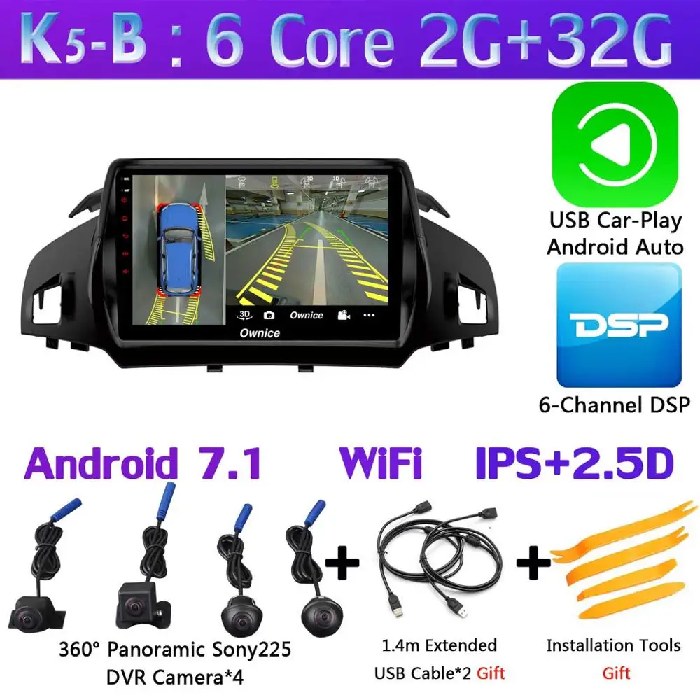 K5-B-CarPlay Панорамная камера 360 ° 4G SIM WiFi Android 9,0 4G+ 64G SPDIF DSP CarPlay Автомобильный плеер для Ford Kuga 2013- C-Max gps радио - Цвет: K5-B-CarPlay