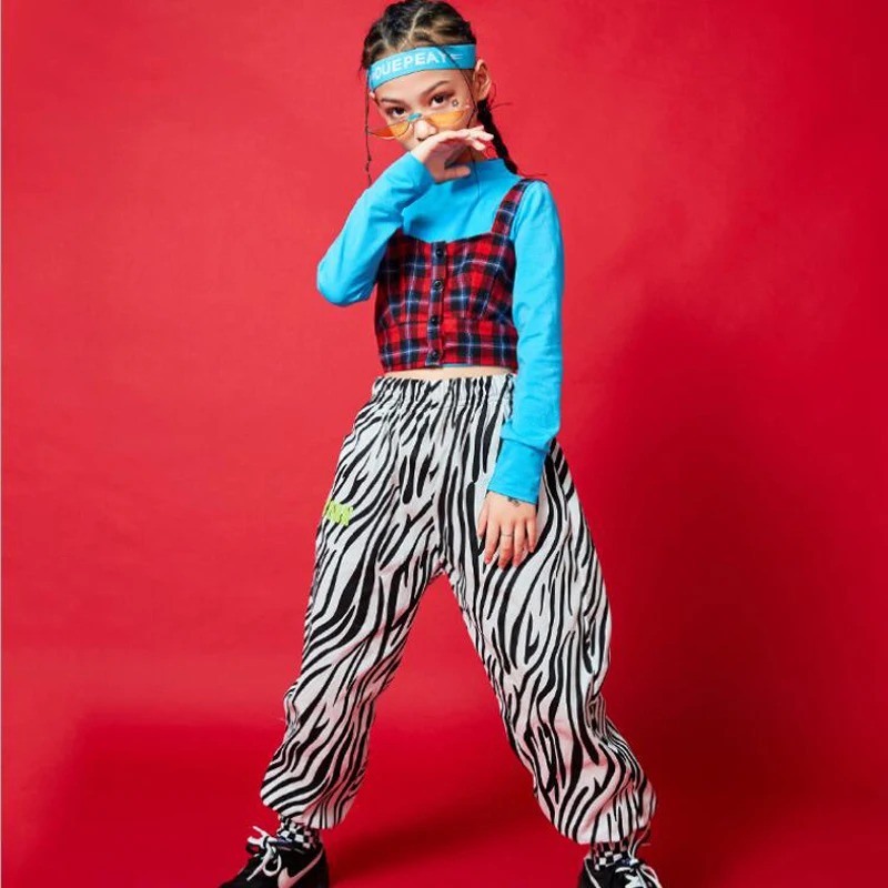 

Детская крутая одежда для шоу в стиле хип-хоп короткий топ с высоким воротником футболка с длинным рукавом брюки-карго с зеброй для девочек ...