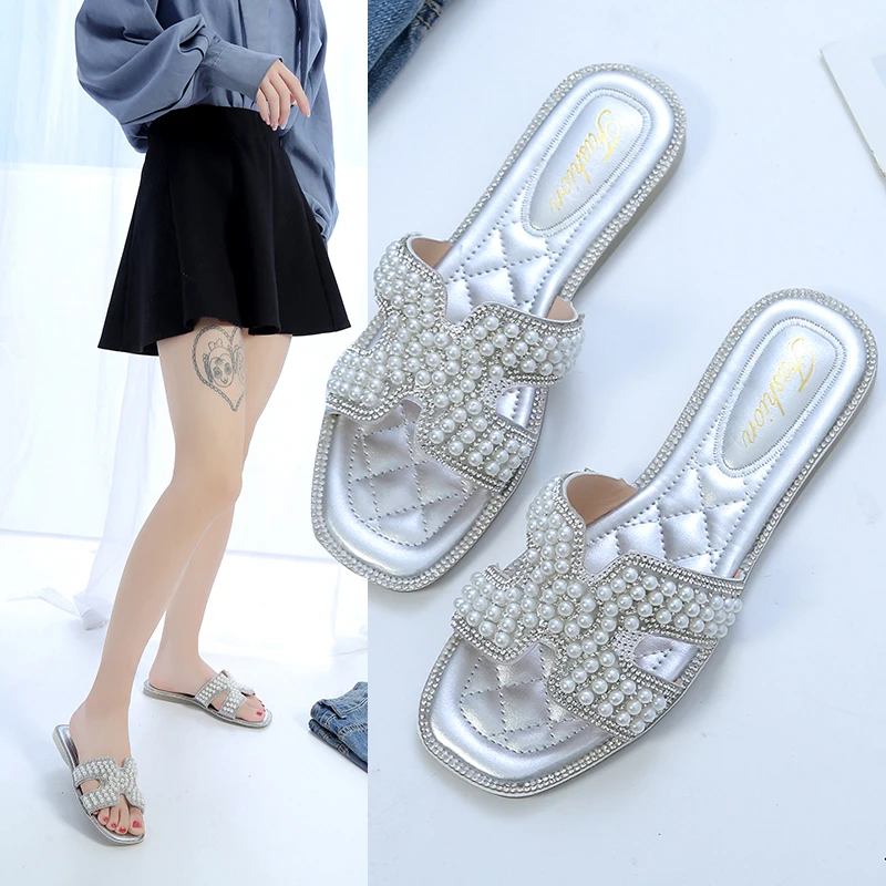 

Koovan Women's Slipper Outer Wear 2020 New Summer Super Trend Pearl Crystal Holiday Girls Flats All-match Sandals