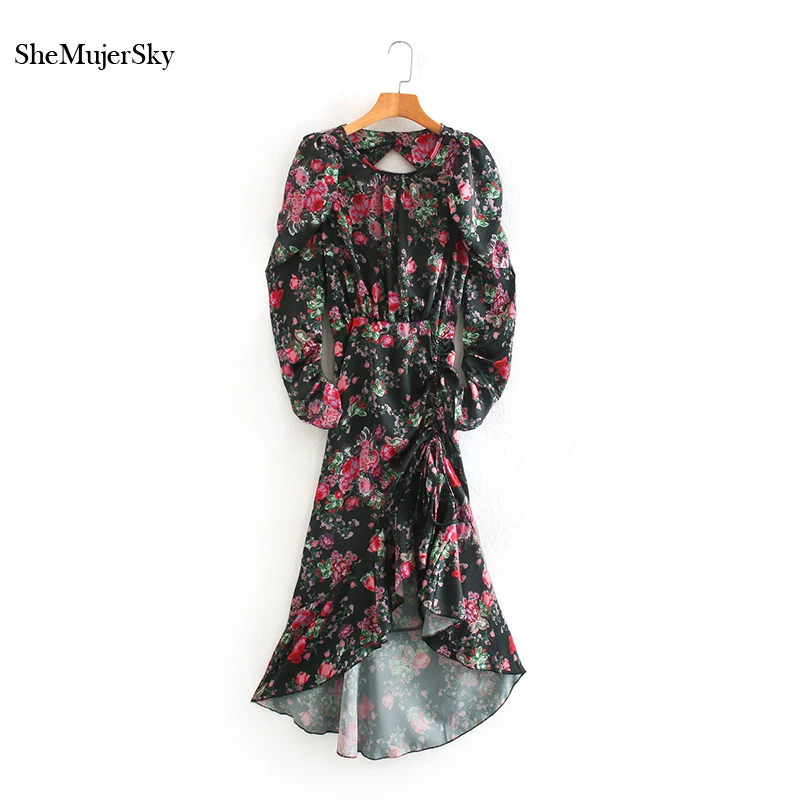 

Женское богемное платье-миди SheMujerSky с цветочным принтом, весенние облегающие платья с длинным рукавом и круглым вырезом и асимметричным под...