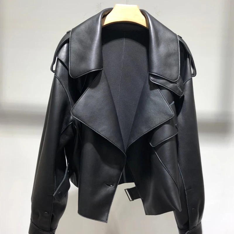 

Shnsophi Spring Autumn Casual Black Short Loose Pu Leather Jacket Soft Faux Leather Jackets Street Outwear Women Biker Overcoat
