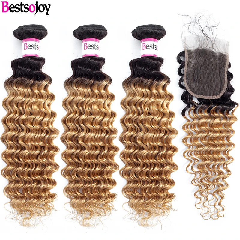 Bestsojoy 3 Brazilian Ombre Deep Wave Bundles With Closure Colored 1B 27 Honey Blonde Bundles With Closure Remy Human Hair