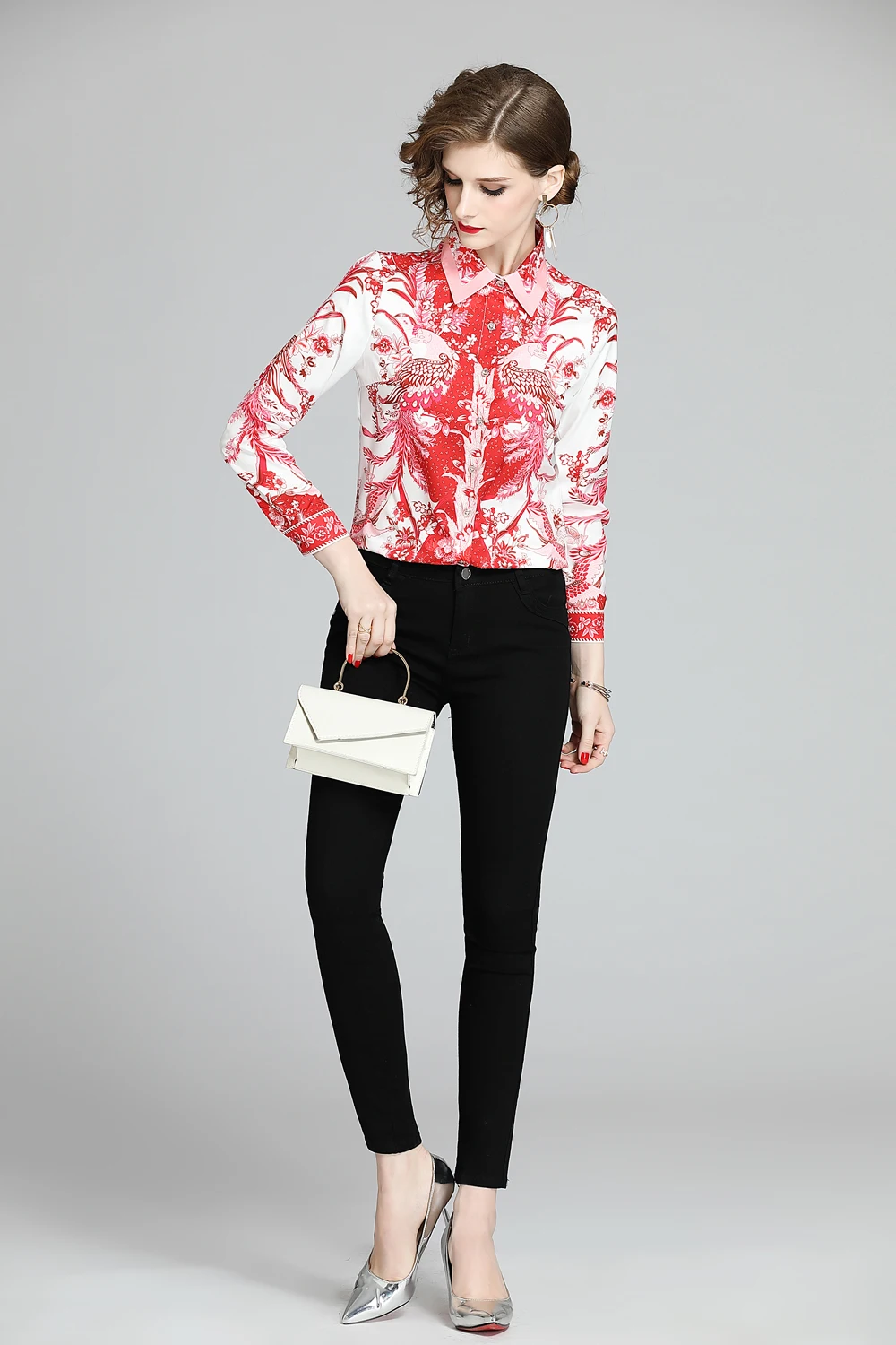 Женская модельная винтажная рубашка повседневная блузка с цветочным принтом на