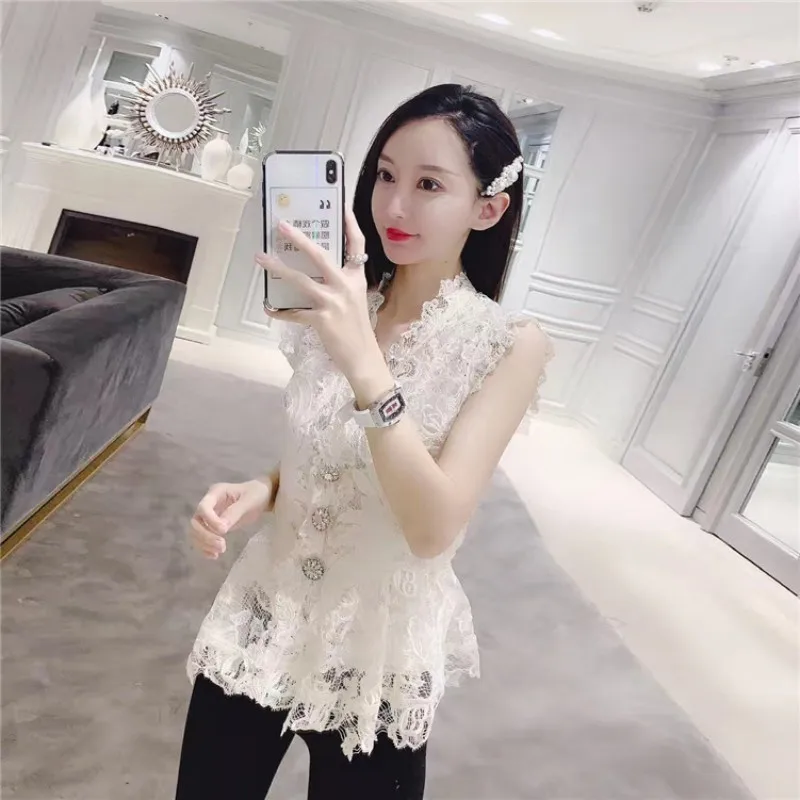 High Quality Diamonds Button Embroidery Lace Womens Top Shirts Fashion V-Neck See Through Slim Fit Ladies Sleeveless Vest Blouse | Женская