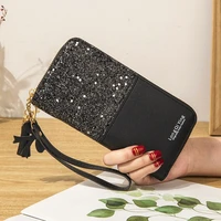 womens wallet long sequin stitching zipper coin purses female solid color tassel wristband clutch mobile phone bag card holder