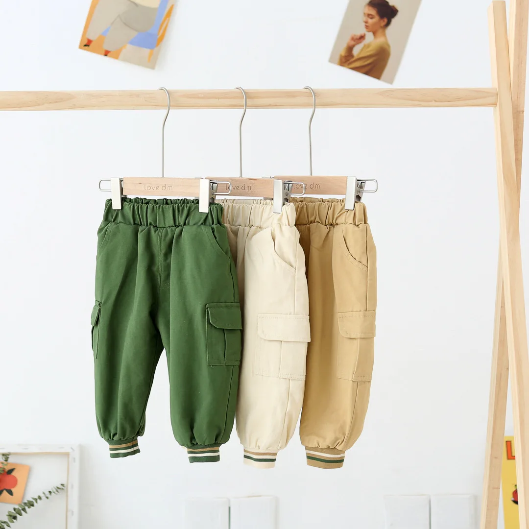 WLG boys girls witner pants kids velvet thick green khaki beige pant baby casual warm trouesrs children