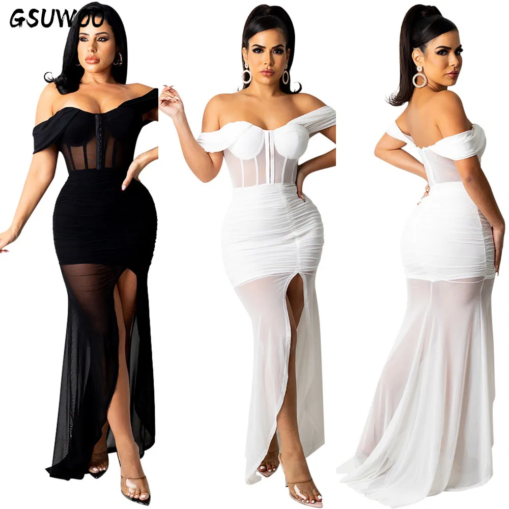 

GSUWOO Women Sexy Nightclub Off The Shoulder Black White Corset Mesh Patchwork Long Dress Irregular Split Ruched Bodycon Dresses