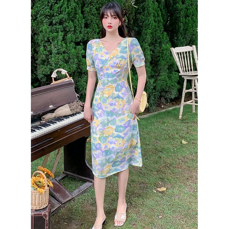 

Retro Bohemian Casual Vacation Dresses Women Long Vintage Floral Dress Summer 2021 Runway Elegant Korean Party Slim Wrap Dress