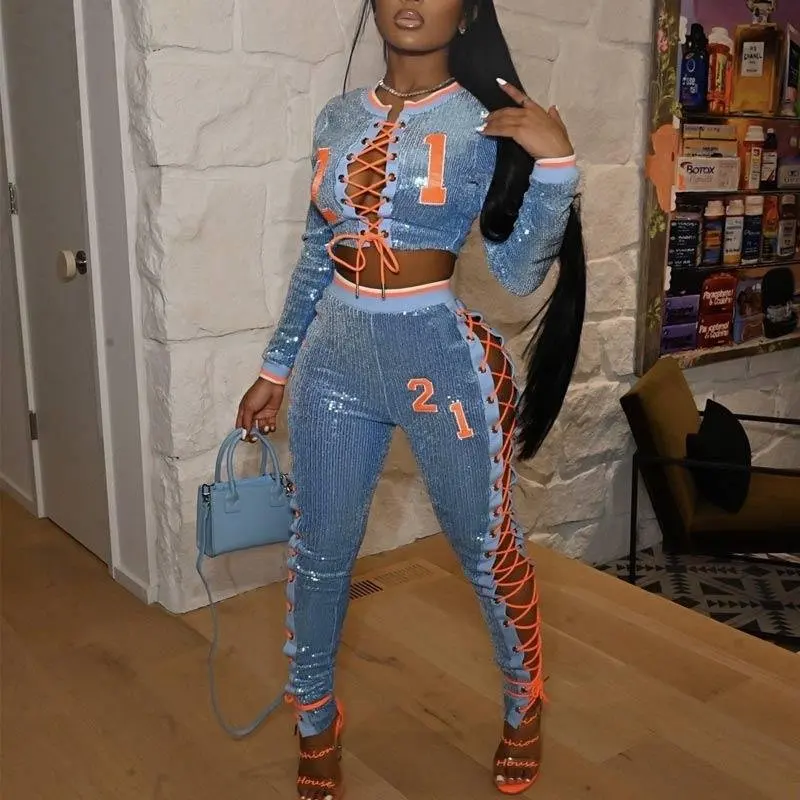 

Новинка, Женский Бандаж на шнуровке, 2 шт., Осенний сексуальный облегающий костюм с длинным рукавом и блестками, Клубные вечерние Клубные кос...