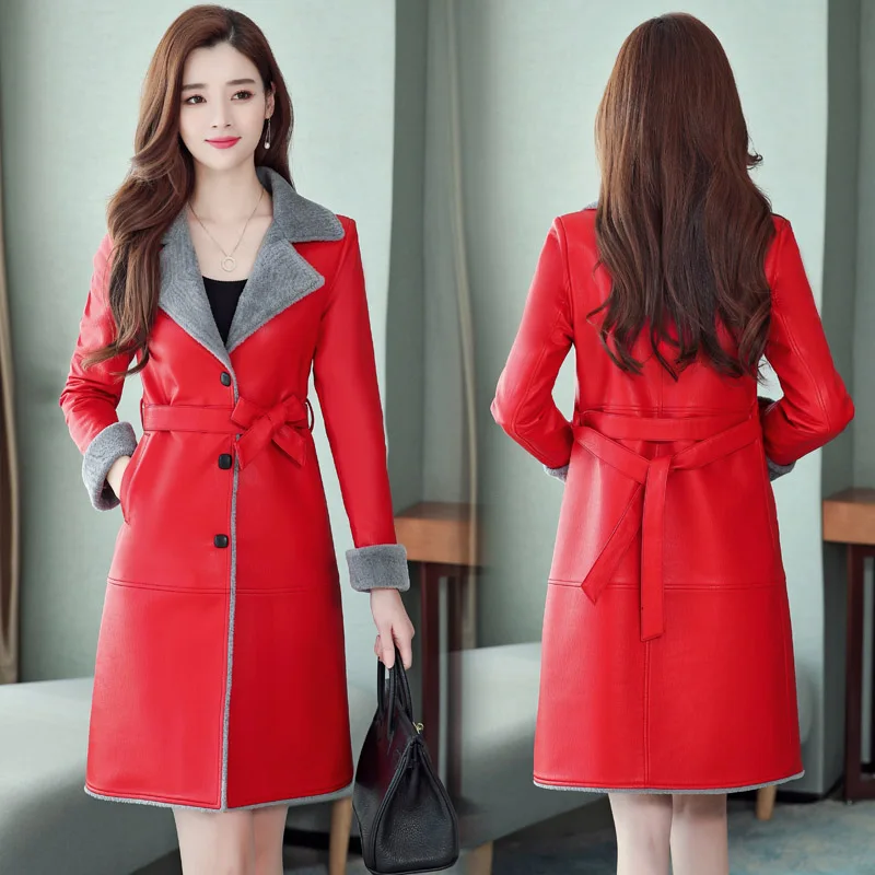 Женская меховая кожаная куртка зимняя Осенняя женская с поясом длинное пальто