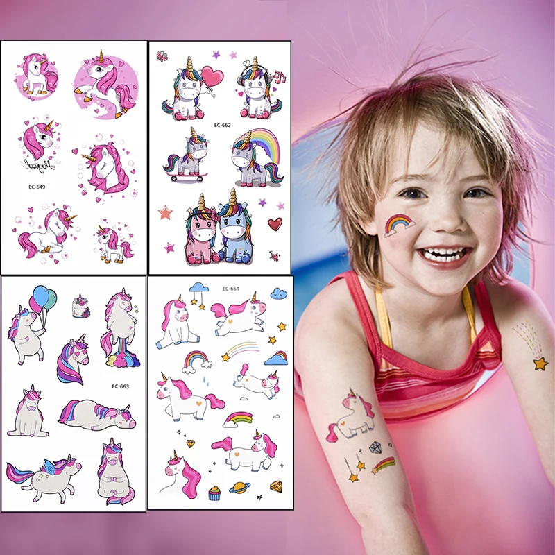 Мультяшный Единорог радуга тату наклейки Детские Свадебные украшения для дня