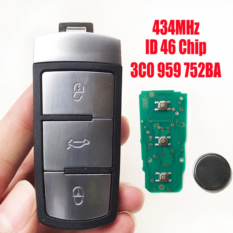 

3 Button 434Mhz Smart Key For VW Passat B6 3C B7 Magotan CC For Volkswagen 3C0 959 752 BA ID48 Chip Complete Car Remote Key