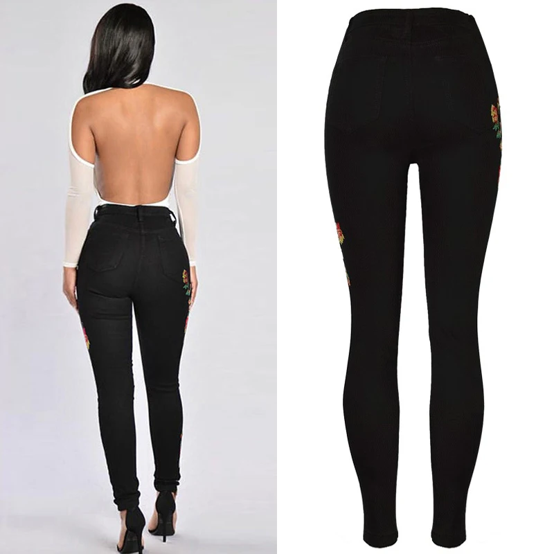 Женские Эластичные Обтягивающие джинсы с высокой талией и вышитыми розами
