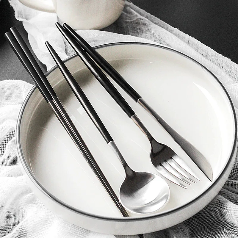 Горячие столовые приборы из нержавеющей стали черные Серебряные Столовые вилка