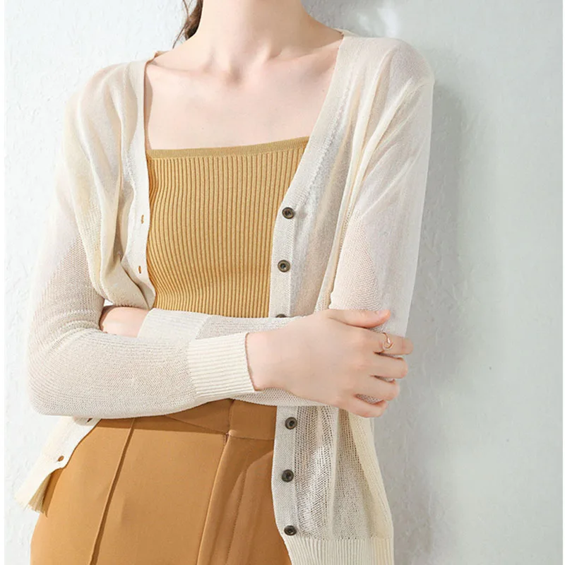 

Summer Silk Knitted Cardigan Short Coat Women Femme Thin Casual Long Sleeve Single-breasted Sun Protection Clothing Z320