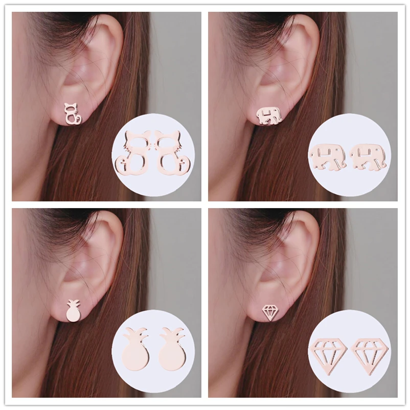 Oly2u Lucky розовое золото слон маленькие серьги гвоздики простой ананас Bijoux