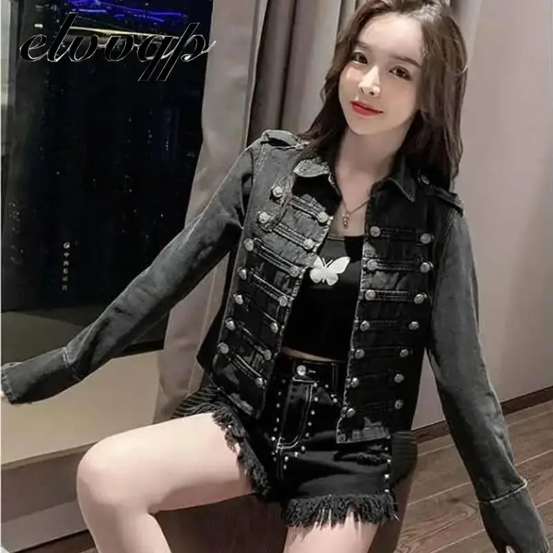 Новинка Ретро стиль милитари красивая со стоячим воротником джинсовый куртка