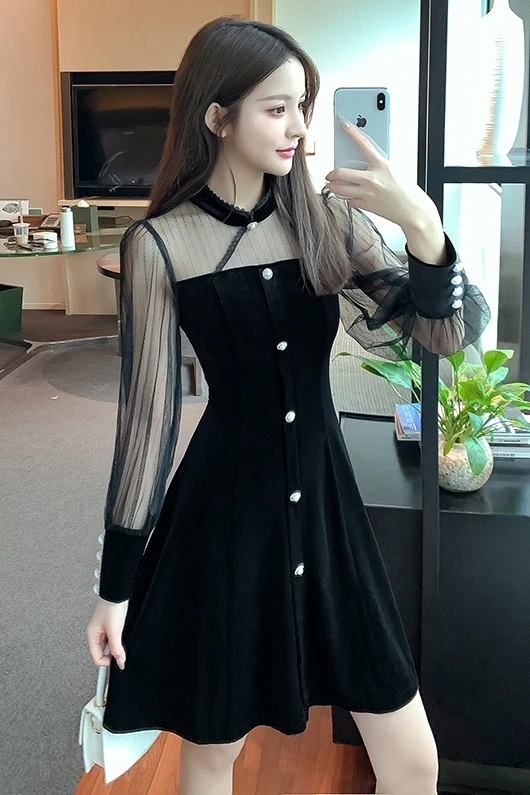 

COIGARSAM Vintage Patchwork Women one-piece dress korean New Spring Mesh Dresses Black 6115