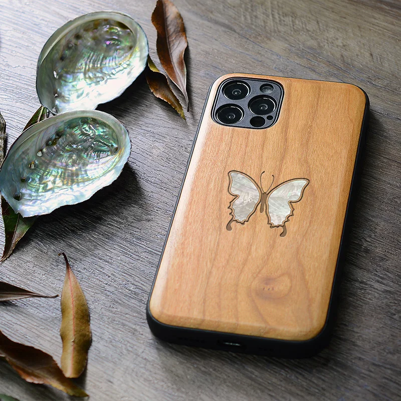 

Elewood Wood Cases For iPhone 13 12 Pro Max Mini Star Glitter Bling Shine Cover Engraving Accessories Wooden Shell Original Hull