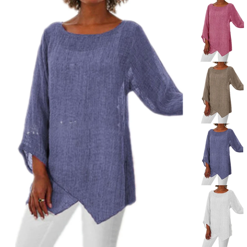 

Женские блузки с круглым вырезом и длинным рукавом, пуловер, футболка, Свободные мешковатые однотонные топы, Женские Простые Топы, пуловер, ...