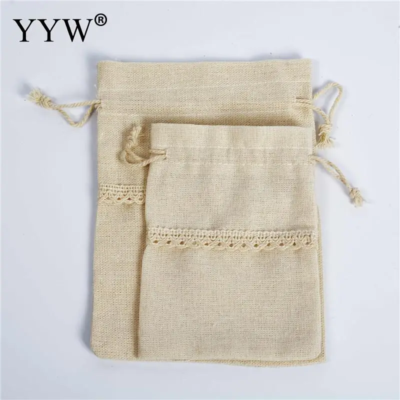 10PCs/Lot Cotton Drawstring Bag With Lace Durable Hardwearing Practical Beige Small Gift Jewelry Container 10x14cm 13x18cm | Украшения и