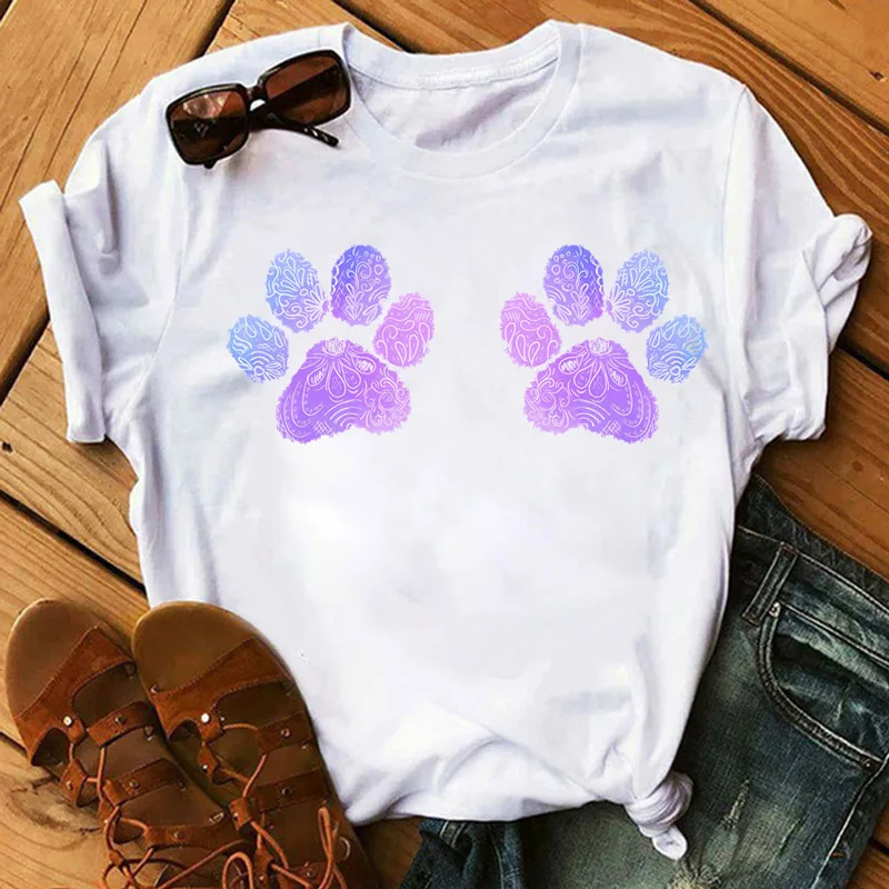 

Watercolor Dog Paw Print T-shirt Summer Fashion Women T Shirt Short Sleeve Tops Tee Casual Female Harajuku T-shirt Dog Mom Tees