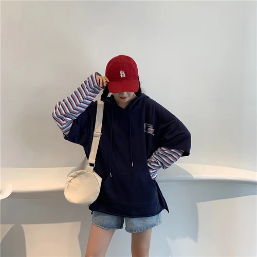 Повседневные свободные темно синие женские толстовки с капюшоном и длинным