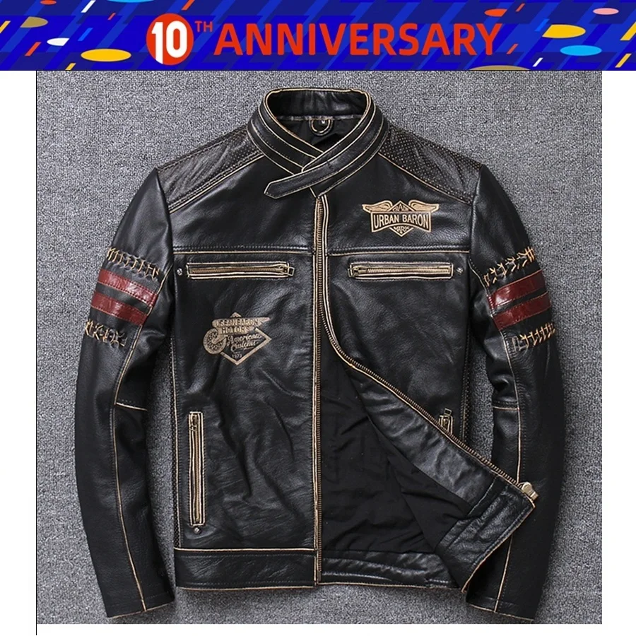 Куртка мужская Байкерская из натуральной воловьей кожи винтажный стиль