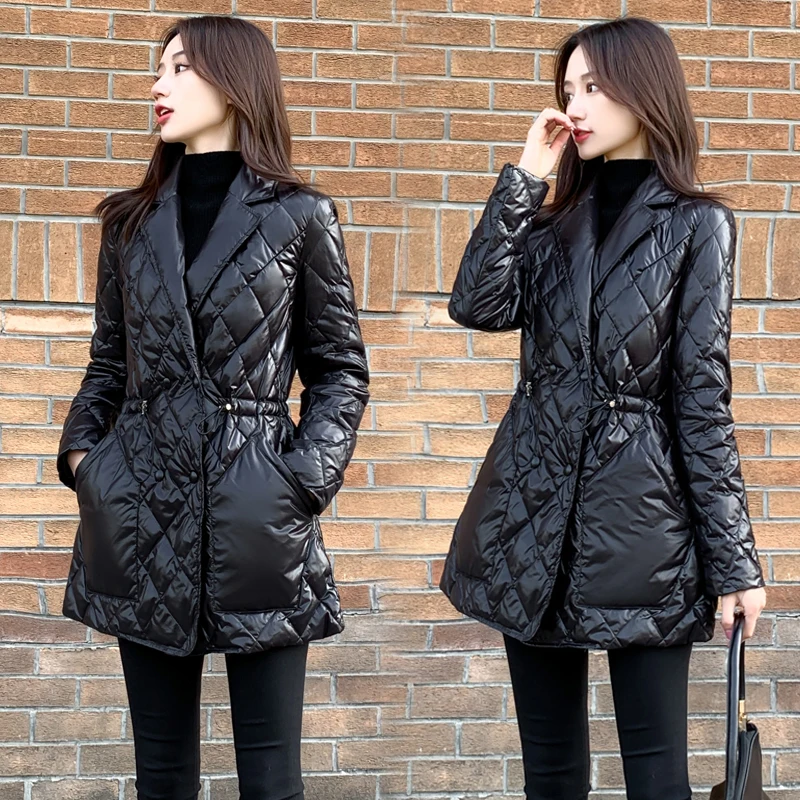 

Women Black Down Jacket Autumn Winter Elegant Turn Down Collar Medium Long White Duck Down Coat Female Warm Parkas Outwear