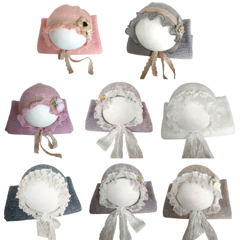 

W3JF Newborn Knit Stretch Wrap+Hat Set Crochet Blanket Bonnet Baby Photography Props