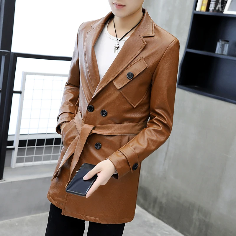 2019 Осенняя мода мужская кожаная куртка блейзеры черный мужской длинный кожаный