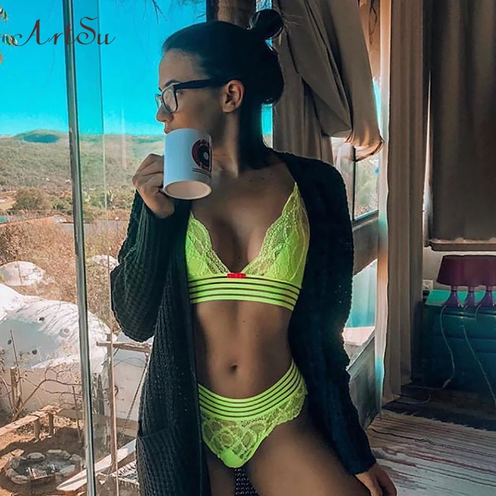 ArtSu Neon Green Lace нижнее белье комплект части на завязках сексуальный бюстгальтер и