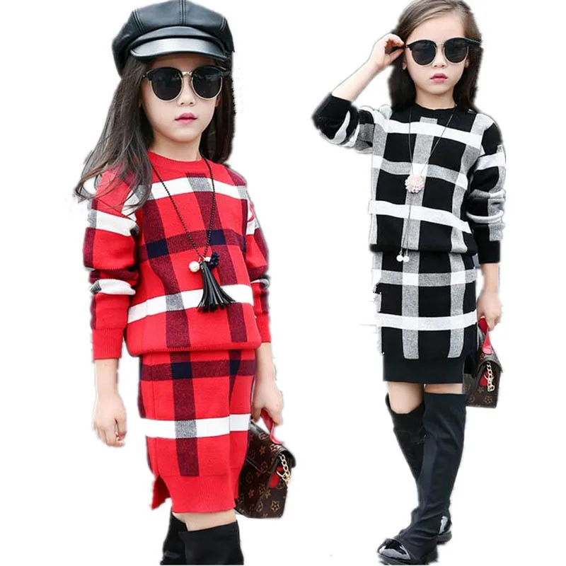 Комплект одежды для девочек осень 2021 одежда клетчатый вязаный свитер с длинным