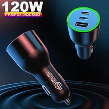 PD Car Charger 120W 3 Port USB C Fast Charge PD 100W PPS 45W 30W QC3.0 For Macbook Type-C Laptop IPhone 13 Samsung Xiaomi Phone