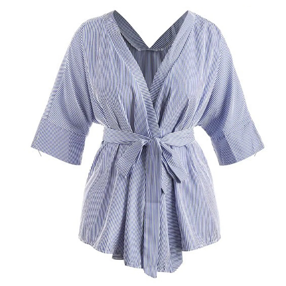 

Plus-size Women's Striped V-neck Five-quarter Sleeved Shirt Lace-up Long Shirts womens tops and blouses blusas