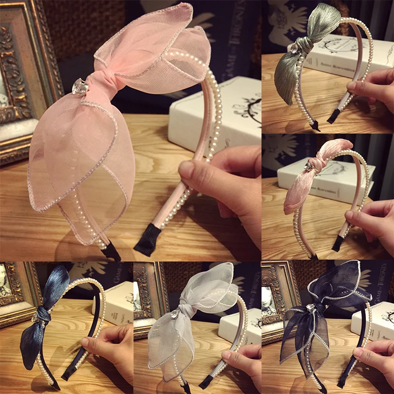 

Rabbit Ear Knotted Pearls Headbands Lace Crystal Pearl Bow Hairbands Multi-layer Thin Bowknot Rhinestone Solid Color Head Hoop