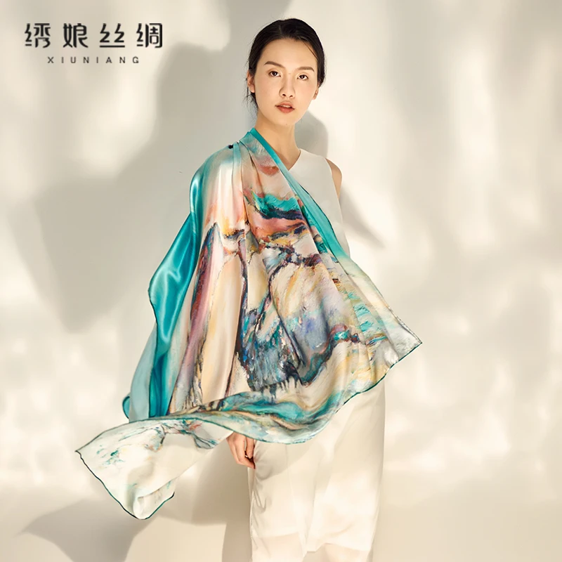 

★Xiuniang silk abstract art real silk scarf scarf lady autumn winter mulberry silk shawl Lady Elegant profession