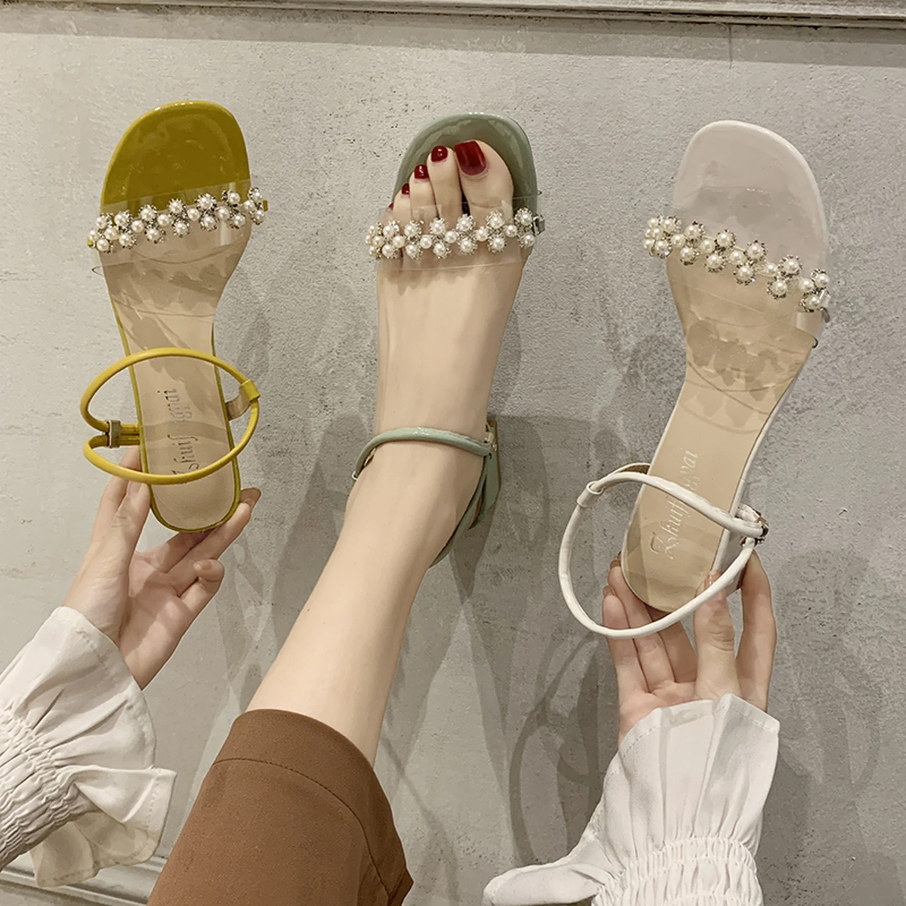

Ladies Sandals Square Toe Slippers Pearl Open Toe High Heels Summer Ankle Strap Casual yellow Ladies slippers Zapatillas Mujer
